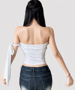 White Polka Dot Tie Strap Bustier Top - French Minimalist Backless Design, Sexy Waist-Cinching Style for Summer 2025 Fashion