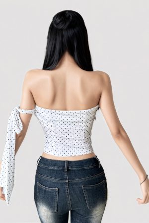 White Polka Dot Tie Strap Bustier Top - French Minimalist Backless Design, Sexy Waist-Cinching Style for Summer 2025 Fashion
