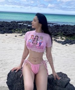 White Print Triangle Bikini Set - Three-Piece Swimsuit with Short Sleeves - Sexy Round Neck Design - Perfect for Summer Beach Looks