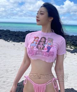 White Print Triangle Bikini Set - Three-Piece Swimsuit with Short Sleeves - Sexy Round Neck Design - Perfect for Summer Beach Looks