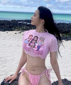 White Print Triangle Bikini Set - Three-Piece Swimsuit with Short Sleeves - Sexy Round Neck Design - Perfect for Summer Beach Looks