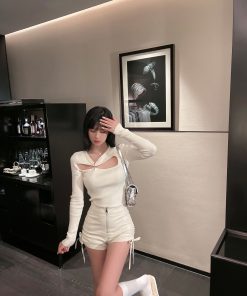 White PU Leather Drawstring Shorts for Women - Versatile Casual Pants for Autumn Winter - Niche Design & Trendy Style