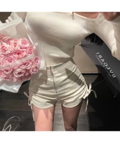 White PU Leather Drawstring Shorts for Women - Versatile Casual Pants for Autumn Winter - Niche Design & Trendy Style