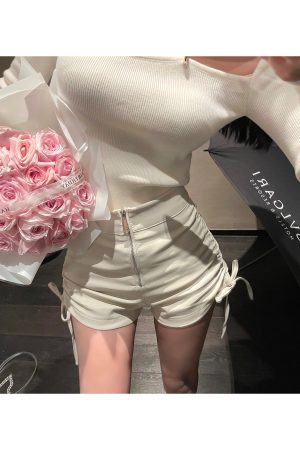 White PU Leather Drawstring Shorts for Women - Versatile Casual Pants for Autumn Winter - Niche Design & Trendy Style