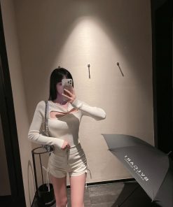 White PU Leather Drawstring Shorts for Women - Versatile Casual Pants for Autumn Winter - Niche Design & Trendy Style