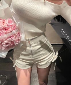 White PU Leather Drawstring Shorts for Women - Versatile Casual Pants for Autumn Winter - Niche Design & Trendy Style