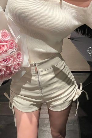 White PU Leather Drawstring Shorts for Women - Versatile Casual Pants for Autumn Winter - Niche Design & Trendy Style