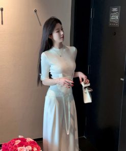 White Short Sleeve Knitted Top for Women, Waist-Cinching Slimming Tie, Ribbed Design, Spring Fashion Essential