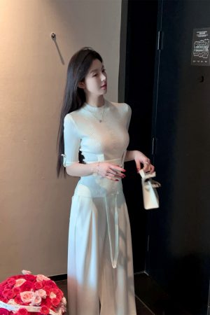 White Short Sleeve Knitted Top for Women, Waist-Cinching Slimming Tie, Ribbed Design, Spring Fashion Essential