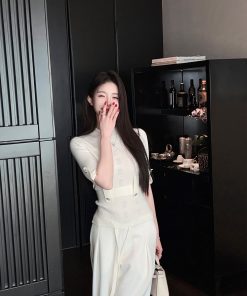 White Short Sleeve Knitted Top for Women, Waist-Cinching Slimming Tie, Ribbed Design, Spring Fashion Essential