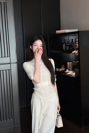 White Short Sleeve Knitted Top for Women, Waist-Cinching Slimming Tie, Ribbed Design, Spring Fashion Essential