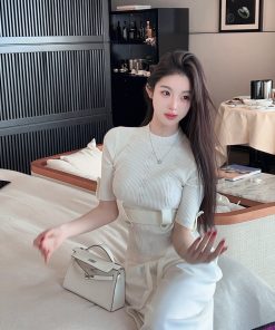 White Short Sleeve Knitted Top for Women, Waist-Cinching Slimming Tie, Ribbed Design, Spring Fashion Essential