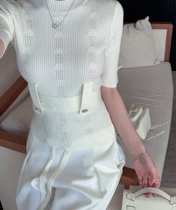 White Short Sleeve Knitted Top for Women, Waist-Cinching Slimming Tie, Ribbed Design, Spring Fashion Essential