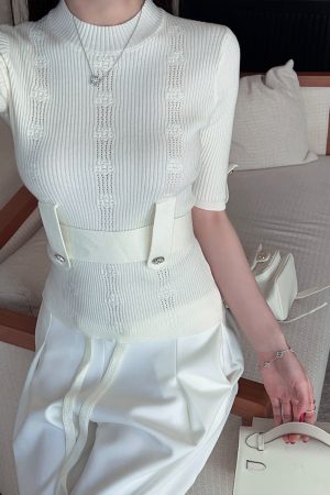 White Short Sleeve Knitted Top for Women, Waist-Cinching Slimming Tie, Ribbed Design, Spring Fashion Essential