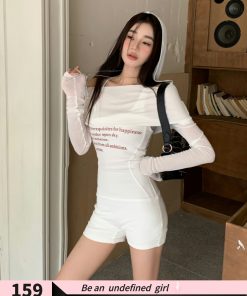 White Slim-Fit One-Shoulder Hooded Jumpsuit for Women - Autumn Sexy Slimming Romper, Trendy 90s Style