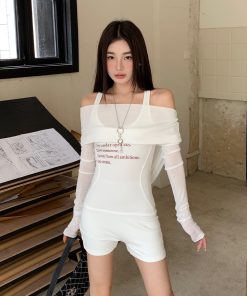 White Slim-Fit One-Shoulder Hooded Jumpsuit for Women - Autumn Sexy Slimming Romper, Trendy 90s Style