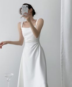 White Spaghetti Strap Dress 2025, Square Neck French Style, Waist-Defined, Niche Wedding Dress for Women, Elegant Bridal Fashion