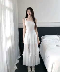 White Spaghetti Strap Dress with Fairy Waist Bow, French-Style First Love Design, Short Skirt, Perfect for Summer