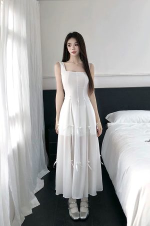 White Spaghetti Strap Dress with Fairy Waist Bow, French-Style First Love Design, Short Skirt, Perfect for Summer