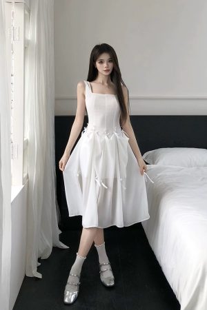 White Spaghetti Strap Dress with Fairy Waist Bow, French-Style First Love Design, Short Skirt, Perfect for Summer