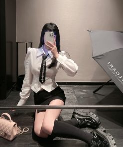 White Spring Shirt for Women, Waist-Defining Slim Fit, Unique Vintage Style Top with Distinctive Design, Y2K Fashion