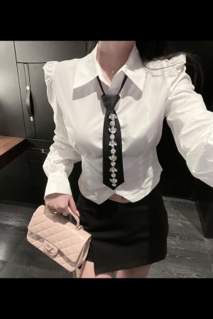 White Spring Shirt for Women, Waist-Defining Slim Fit, Unique Vintage Style Top with Distinctive Design, Y2K Fashion