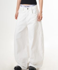 White Straight Leg High-Waisted Wide-Leg Jeans for Women - Trendy Casual Curved Knife Design, Versatile American Style Fashion