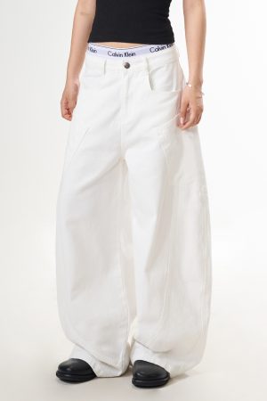 White Straight Leg High-Waisted Wide-Leg Jeans for Women - Trendy Casual Curved Knife Design, Versatile American Style Fashion