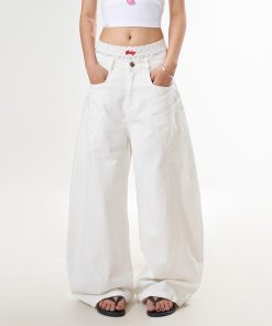 White Straight Leg High-Waisted Wide-Leg Jeans for Women - Trendy Casual Curved Knife Design, Versatile American Style Fashion