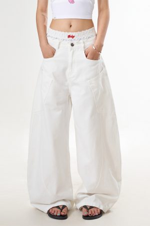 White Straight Leg High-Waisted Wide-Leg Jeans for Women - Trendy Casual Curved Knife Design, Versatile American Style Fashion