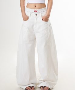 White Straight Leg High-Waisted Wide-Leg Jeans for Women - Trendy Casual Curved Knife Design, Versatile American Style Fashion