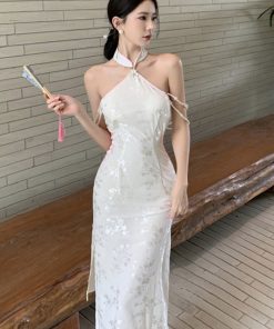 White Strapless Halter Cheongsam Evening Dress - High-End Light Luxury Chinese Style Party Dress for Elegant Temperament