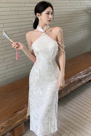 White Strapless Halter Cheongsam Evening Dress - High-End Light Luxury Chinese Style Party Dress for Elegant Temperament