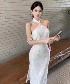 White Strapless Halter Cheongsam Evening Dress - High-End Light Luxury Chinese Style Party Dress for Elegant Temperament