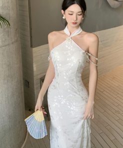 White Strapless Halter Cheongsam Evening Dress - High-End Light Luxury Chinese Style Party Dress for Elegant Temperament