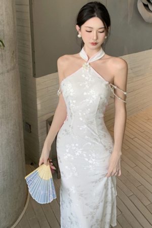 White Strapless Halter Cheongsam Evening Dress - High-End Light Luxury Chinese Style Party Dress for Elegant Temperament