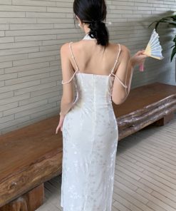 White Strapless Halter Cheongsam Evening Dress - High-End Light Luxury Chinese Style Party Dress for Elegant Temperament