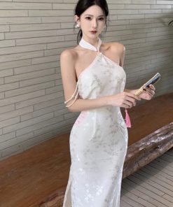 White Strapless Halter Cheongsam Evening Dress - High-End Light Luxury Chinese Style Party Dress for Elegant Temperament