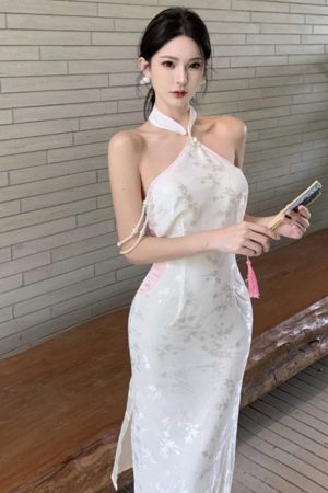 White Strapless Halter Cheongsam Evening Dress - High-End Light Luxury Chinese Style Party Dress for Elegant Temperament