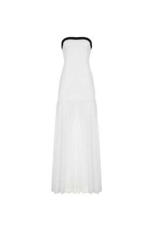 White Strapless Mermaid Dress for Women - Off-Shoulder, Waist-Cinching, French Vacation Style, Floor-Length Gown