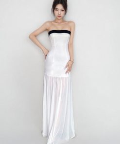 White Strapless Mermaid Dress for Women - Off-Shoulder, Waist-Cinching, French Vacation Style, Floor-Length Gown
