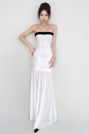 White Strapless Mermaid Dress for Women - Off-Shoulder, Waist-Cinching, French Vacation Style, Floor-Length Gown