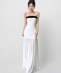 White Strapless Mermaid Dress for Women - Off-Shoulder, Waist-Cinching, French Vacation Style, Floor-Length Gown