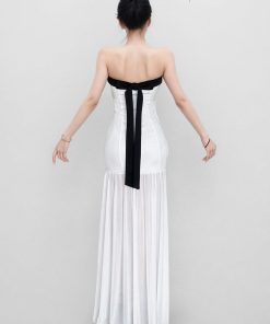 White Strapless Mermaid Dress for Women - Off-Shoulder, Waist-Cinching, French Vacation Style, Floor-Length Gown