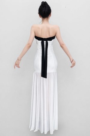 White Strapless Mermaid Dress for Women - Off-Shoulder, Waist-Cinching, French Vacation Style, Floor-Length Gown