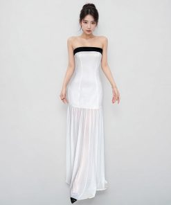 White Strapless Mermaid Dress for Women - Off-Shoulder, Waist-Cinching, French Vacation Style, Floor-Length Gown