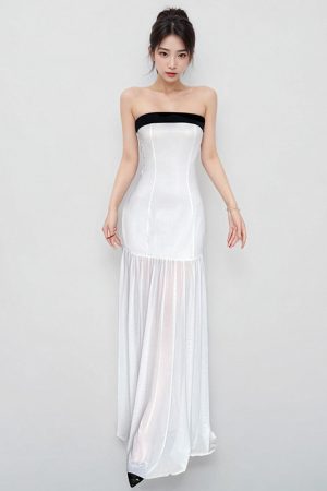 White Strapless Mermaid Dress for Women - Off-Shoulder, Waist-Cinching, French Vacation Style, Floor-Length Gown