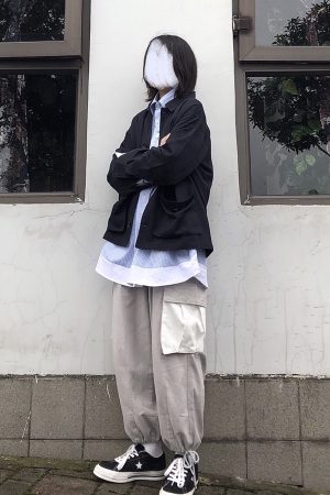 White Tapered Loose Work Pants with Patch Pockets and Drawstring Chain - Casual Lantern Straight Tube Style