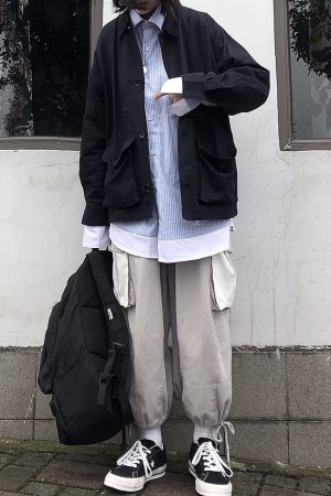 White Tapered Loose Work Pants with Patch Pockets and Drawstring Chain - Casual Lantern Straight Tube Style