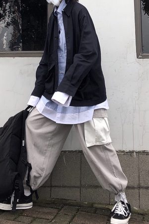 White Tapered Loose Work Pants with Patch Pockets and Drawstring Chain - Casual Lantern Straight Tube Style